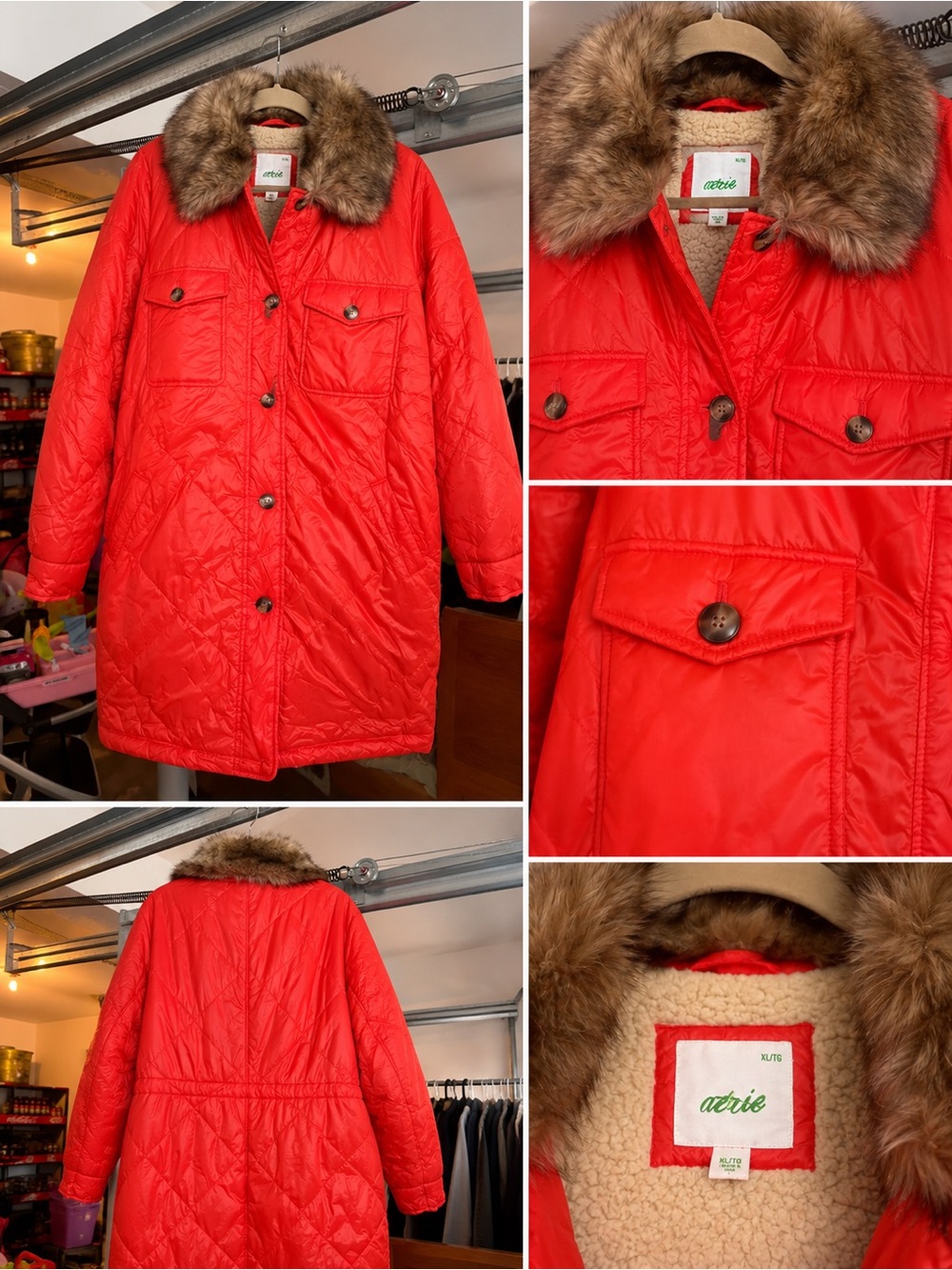 aerie Red Quilted Puffer Coat with Faux Fur Collar
